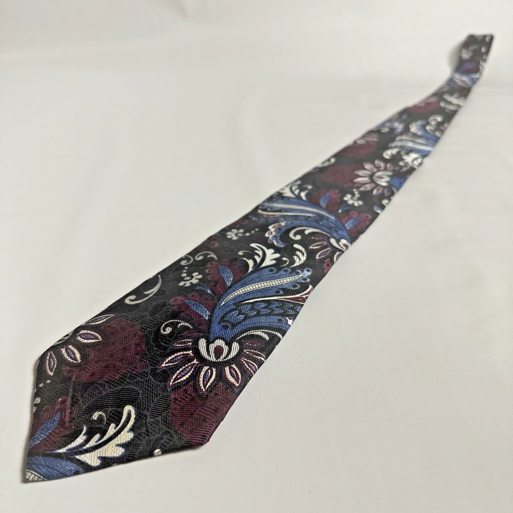 Biella Italy Silk Paisley Floral Tie Black Blue Burgundy Classic Luxury Preppy